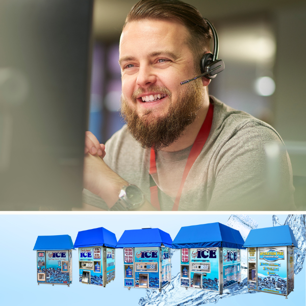 Lets Talk 1 - Kooler Ice Vending Machines Customer service agent with headset at a computer, smiling, with a row of blue ICE vending machines pictured below.